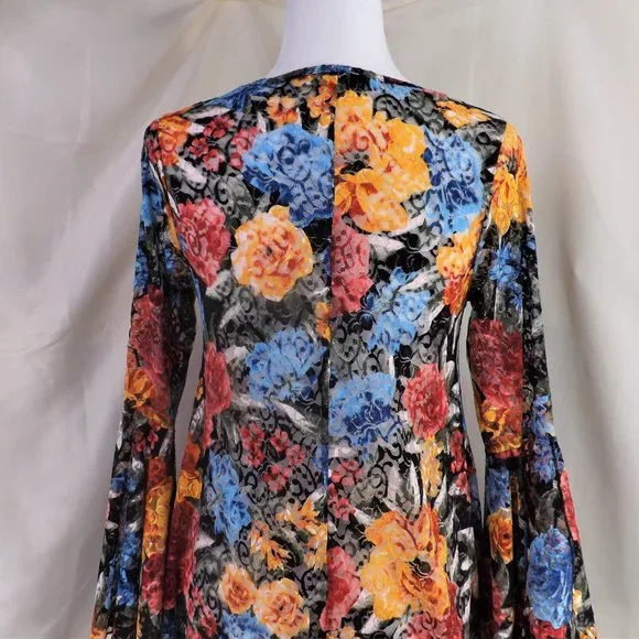 NWOT Dor Dor Couture Bursting Colors Huge Bell Cuffs w Flaring Skirt Tunic Top S - Picture 11 of 16